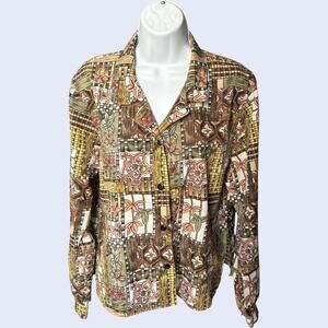 Fashion Attitudes patchwork geometric button up blouse brown green collared 90s